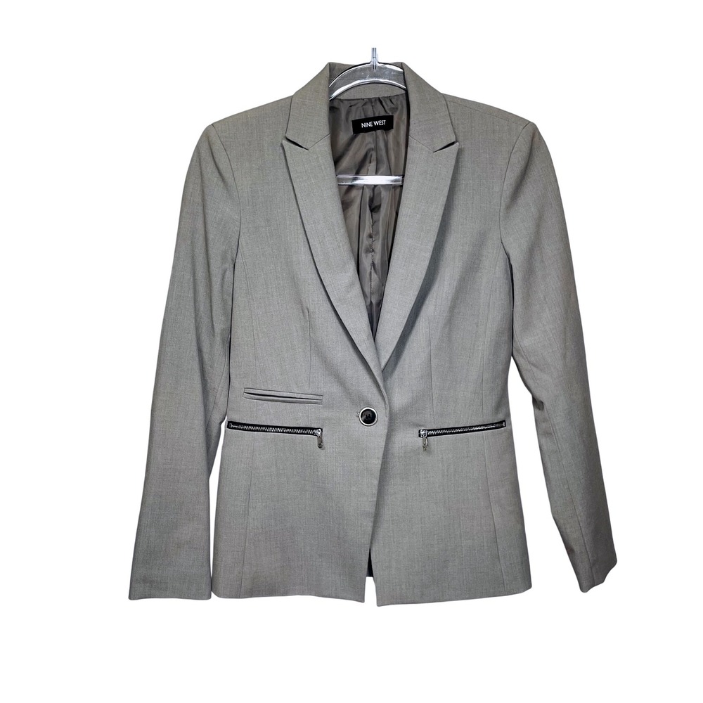 Nine West Womens M 8/10 Tan Single Button Blazer Zipper Pockets Tailored Jacket